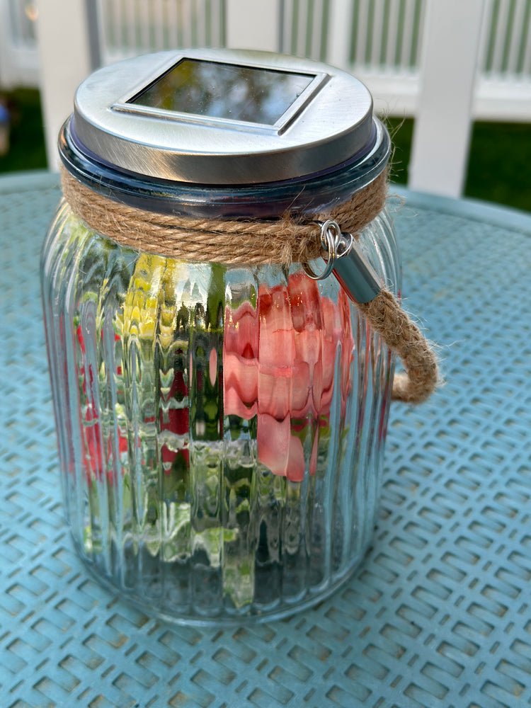 Solar Powered Glass Lantern with Faux Peach Peony Flowers