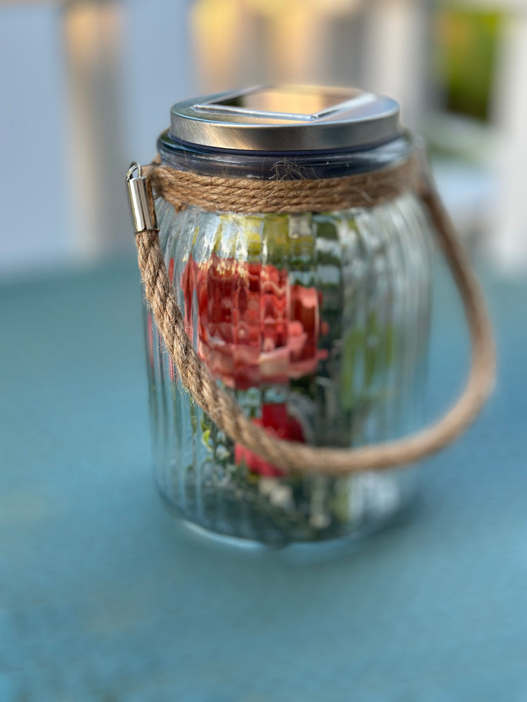 Solar Powered Glass Lantern with Faux Peach Peony Flowers