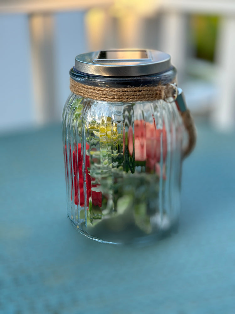 Solar Powered Glass Lantern with Faux Peach Peony Flowers