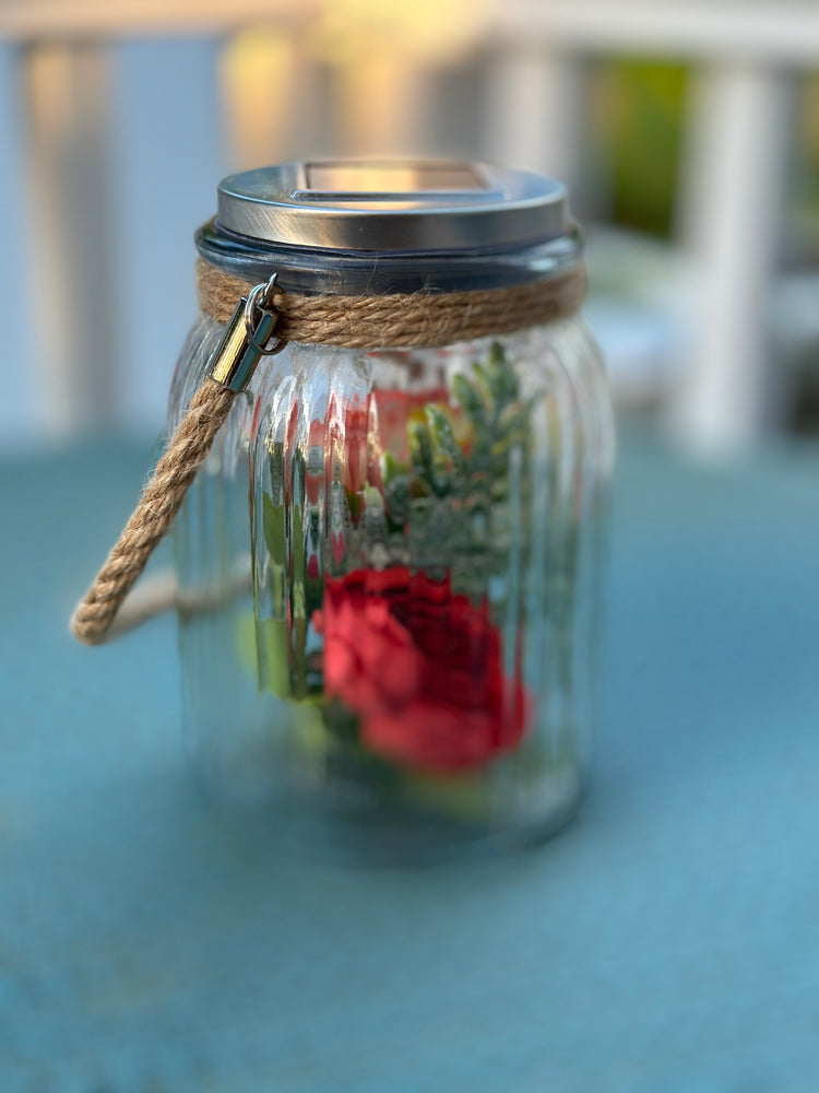 Solar Powered Glass Lantern with Faux Peach Peony Flowers