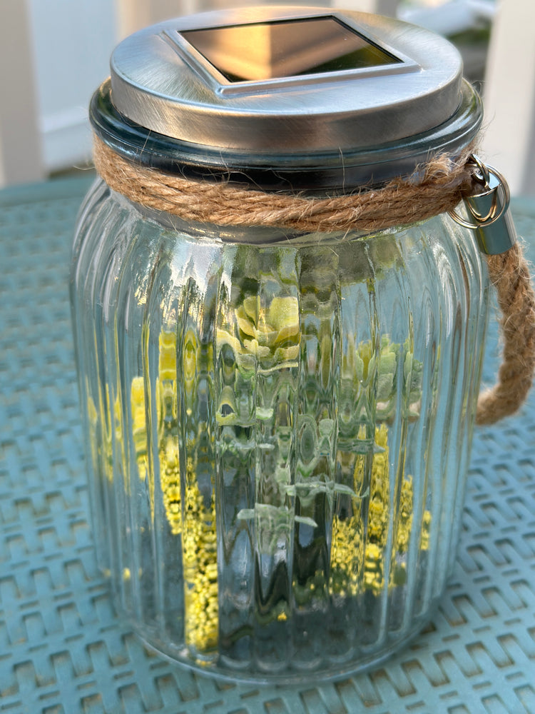 Solar Powered Glass Lantern with Artificial Fall Yellow Flowers