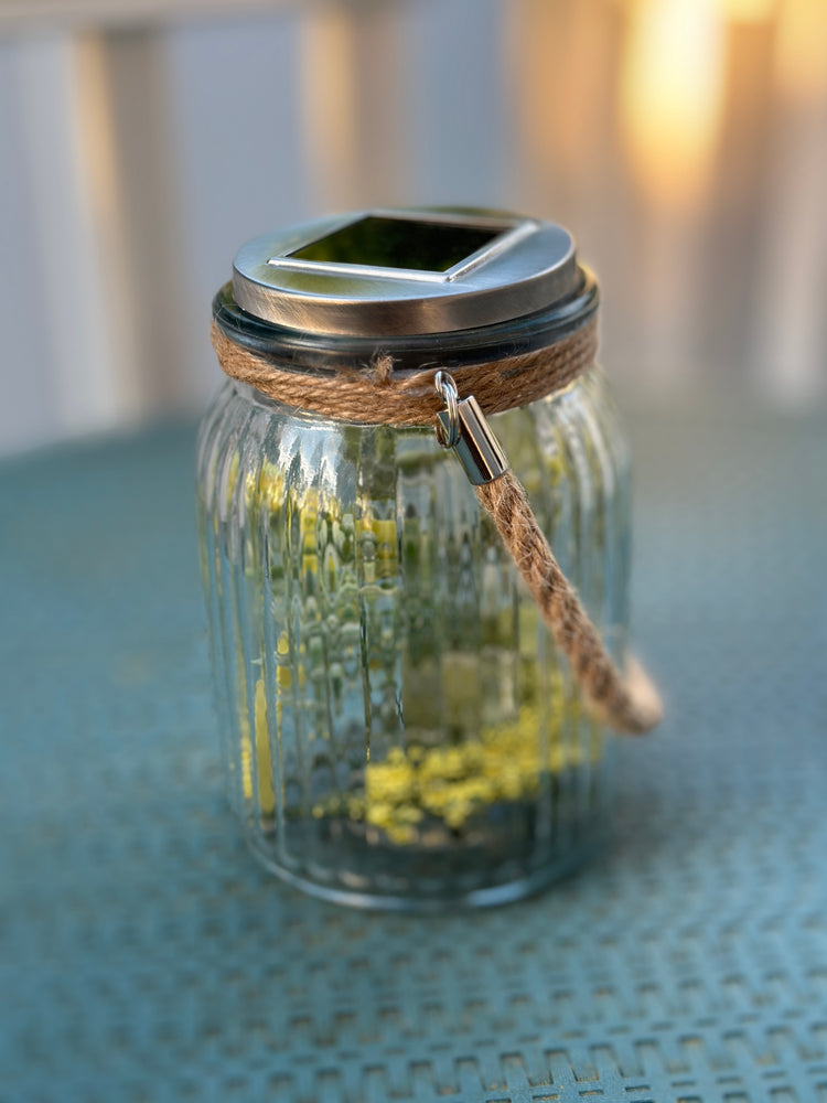 Solar Powered Glass Lantern with Artificial Fall Yellow Flowers