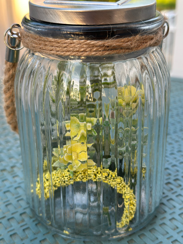 Solar Powered Glass Lantern with Artificial Fall Yellow Flowers