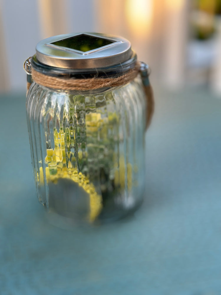 Solar Powered Glass Lantern with Artificial Fall Yellow Flowers