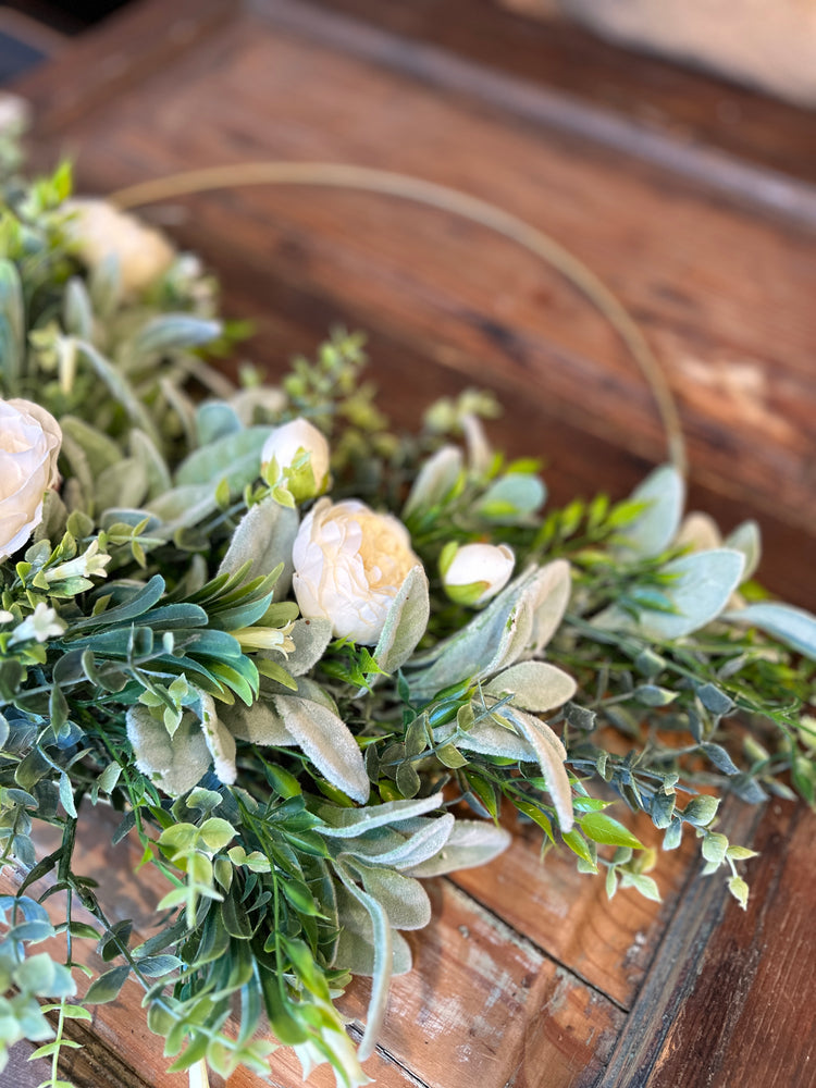 Golden Hoop Wreath with Lush Peonies and Greenery