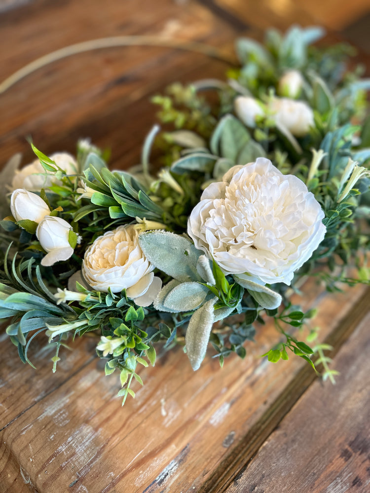 Golden Hoop Wreath with Lush Peonies and Greenery