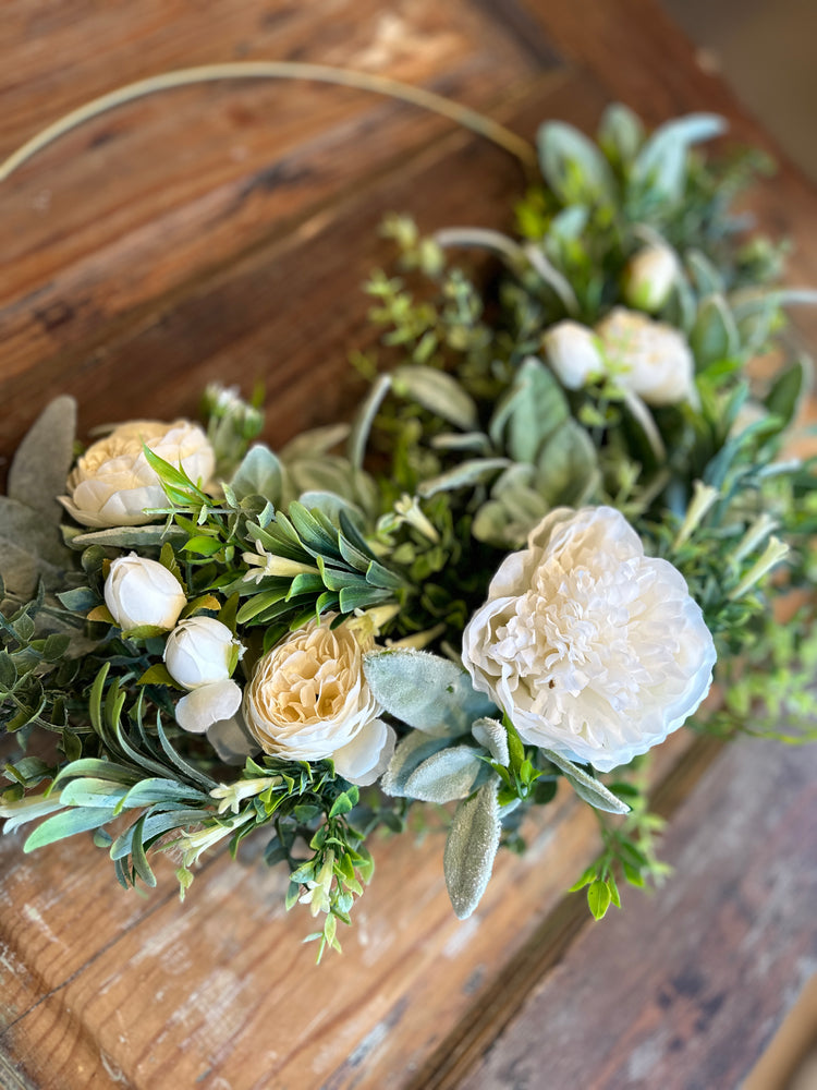 Golden Hoop Wreath with Lush Peonies and Greenery