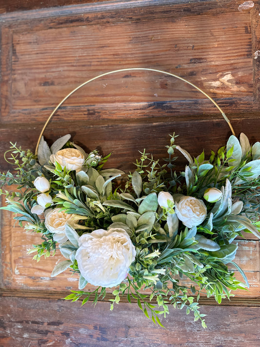 Golden Hoop Wreath with Lush Peonies and Greenery