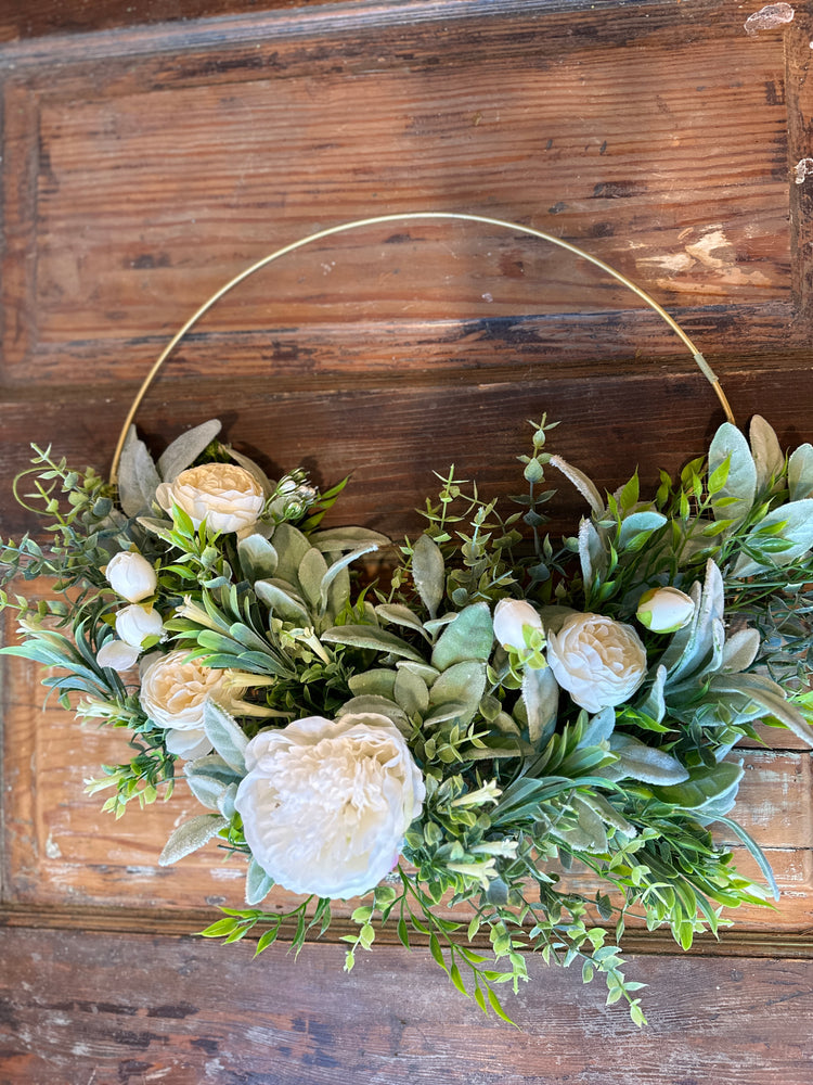 Golden Hoop Wreath with Lush Peonies and Greenery