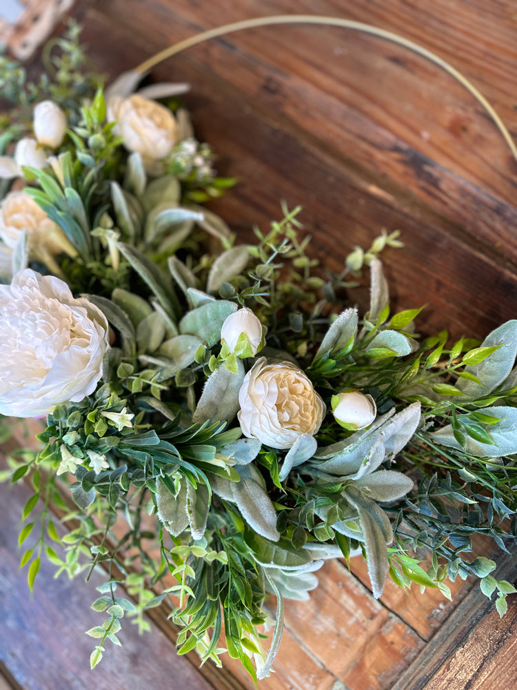 Golden Hoop Wreath with Lush Peonies and Greenery