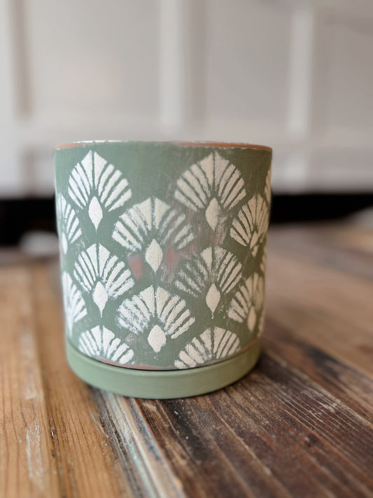 Tropical Leaf Pattern Hand-Painted Planter in Earthy Green