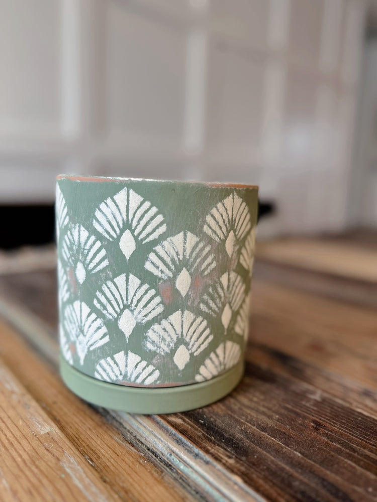 Tropical Leaf Pattern Hand-Painted Planter in Earthy Green