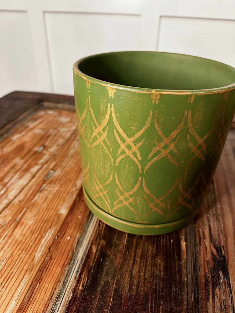 Emerald Green and Gold Hand-Painted Planter