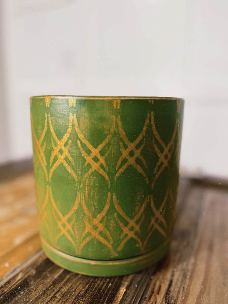 Emerald Green and Gold Hand-Painted Planter