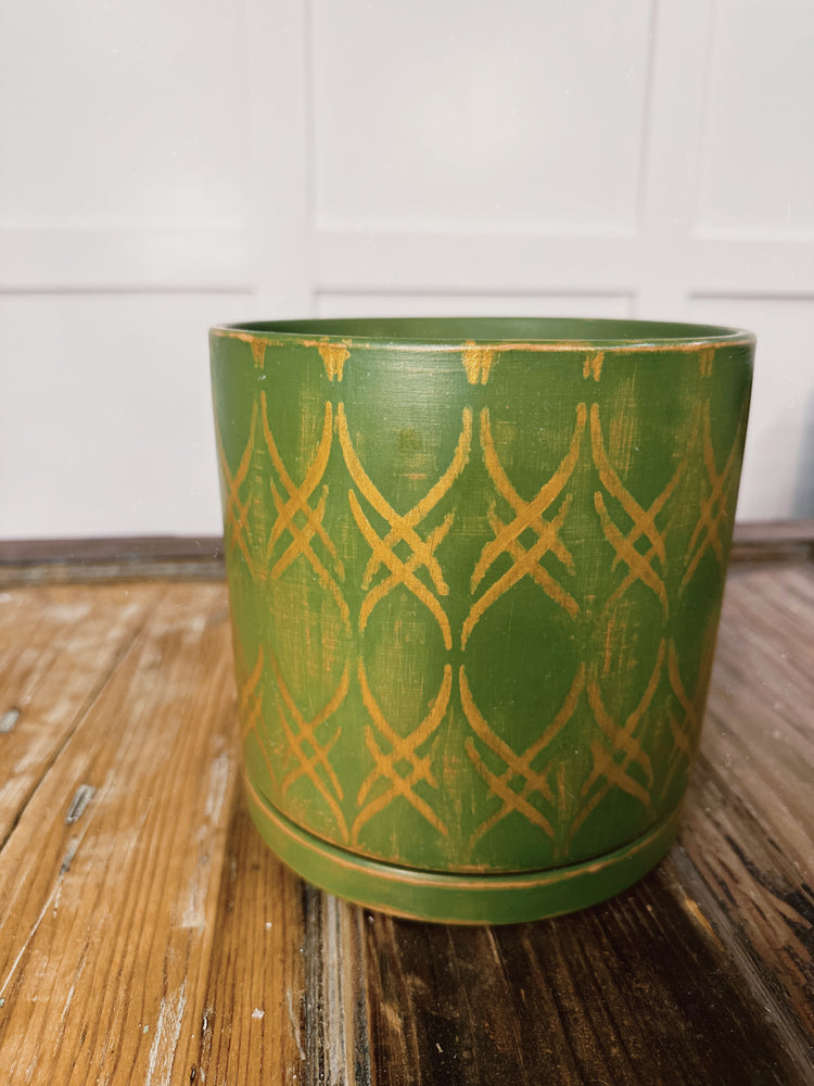 Emerald Green and Gold Hand-Painted Planter