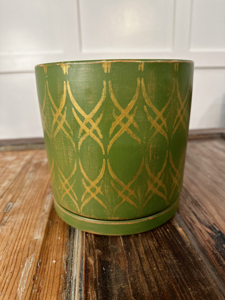 Emerald Green and Gold Hand-Painted Planter