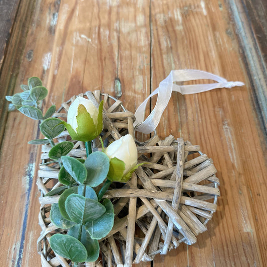 White Rose & Eucalyptus Wooden Heart Door Knob Hanger.