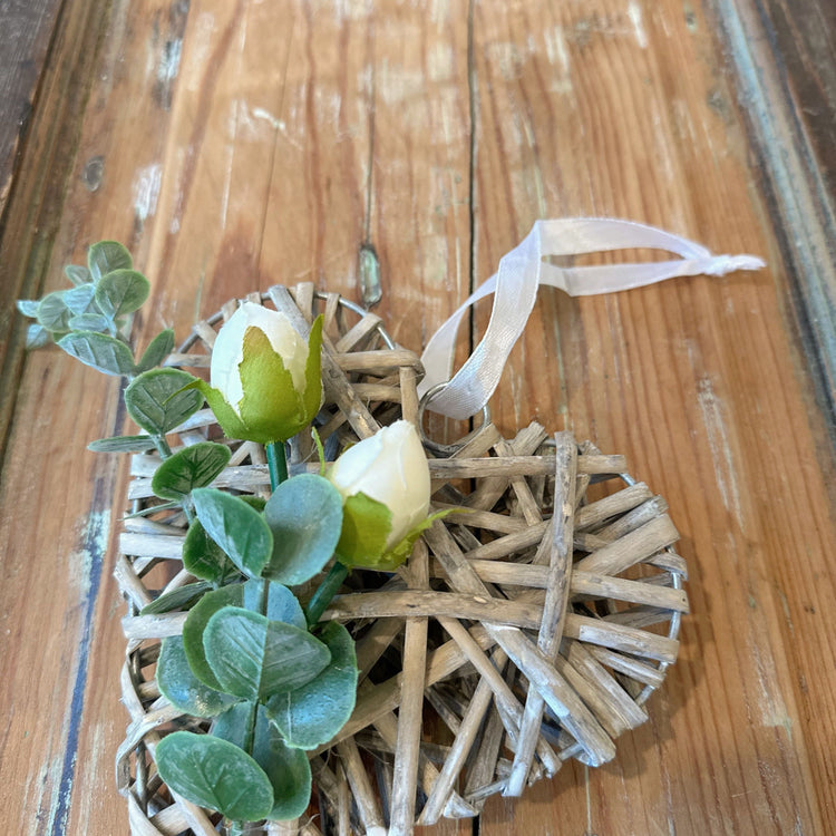 White Rose & Eucalyptus Wooden Heart Door Knob Hanger.