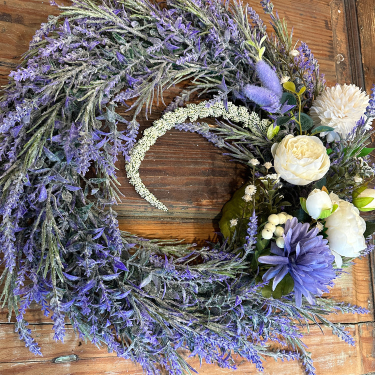 Lavender and White Peony Farmhouse Floral Wreath | 16 inches