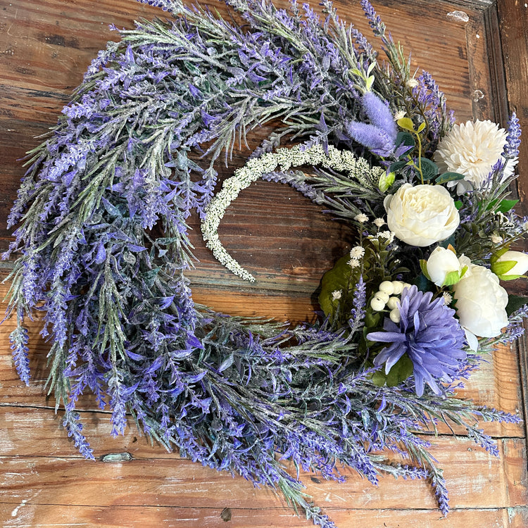 Lavender and White Peony Farmhouse Floral Wreath | 16 inches