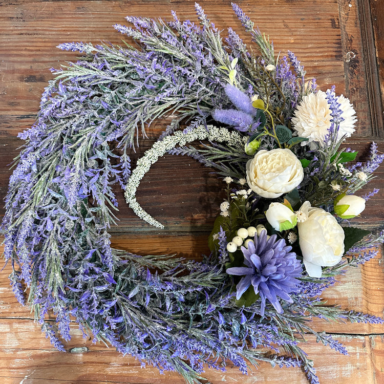 Lavender and White Peony Farmhouse Floral Wreath | 16 inches