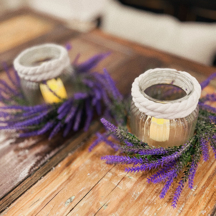 Bohemian Lavender Nautical Rope-Wrapped Candle Holders.