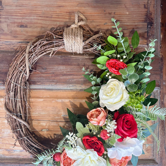 Red & Ivory Lighted Wreath With Heart Charm.