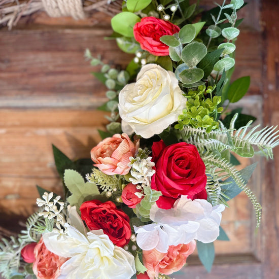 Red & Ivory Lighted Wreath With Heart Charm.