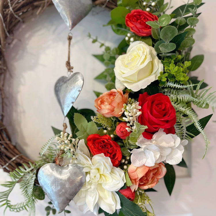 Red & Ivory Lighted Wreath With Heart Charm.