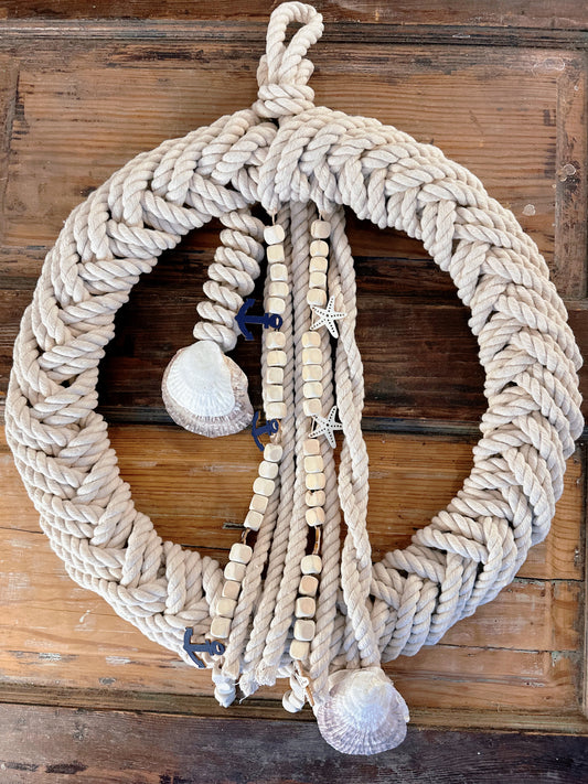 Nautical Rope Wreath with Seashells and Starfish, Maritime Beachfront Door Decor