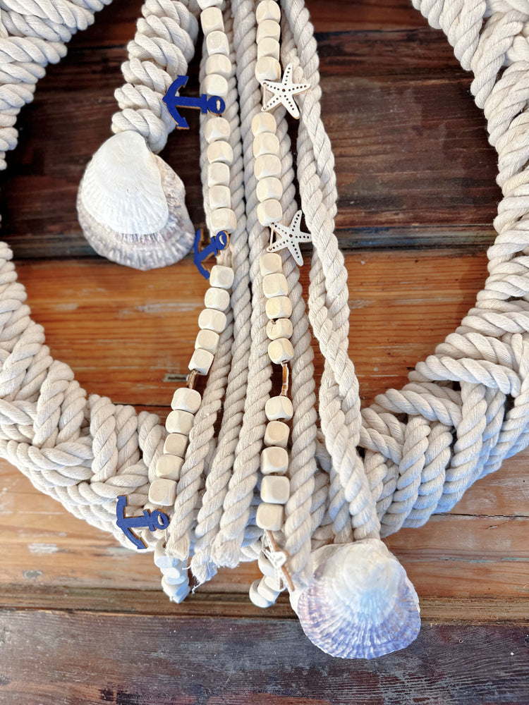 Nautical Rope Wreath with Seashells and Starfish, Maritime Beachfront Door Decor