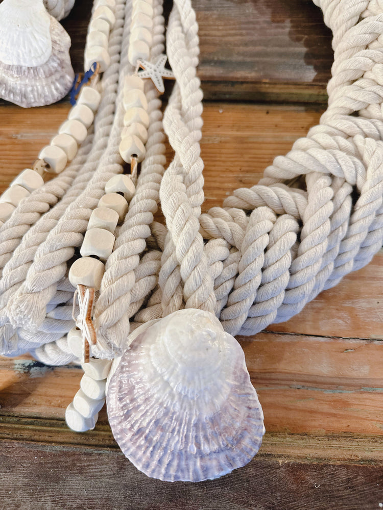 Nautical Rope Wreath with Seashells and Starfish, Maritime Beachfront Door Decor