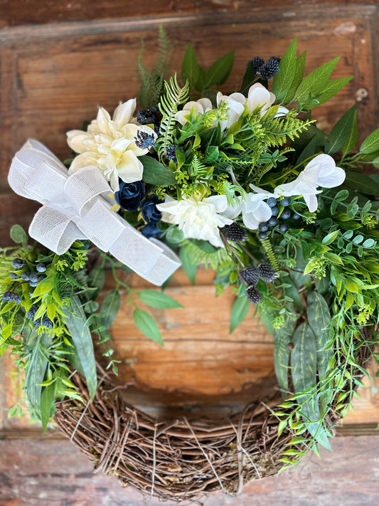 White and Navy Farmhouse Spring LED-Lighted Wreath