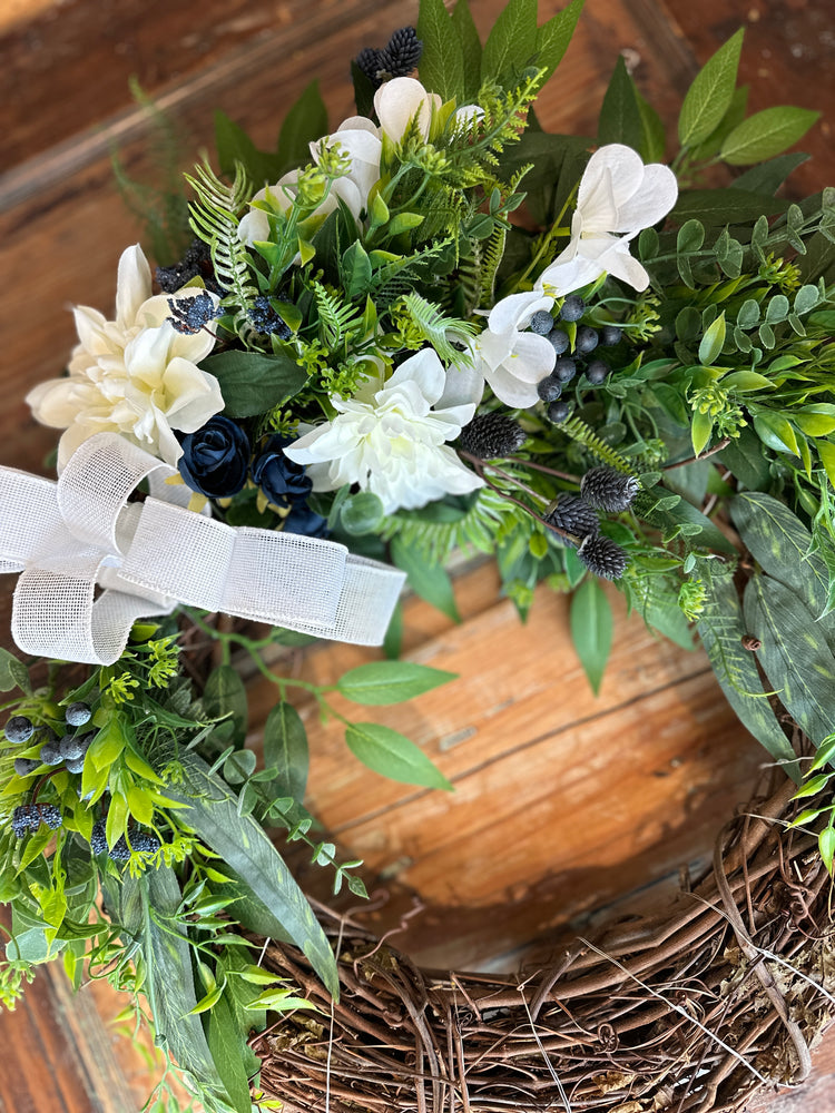 White and Navy Farmhouse Spring LED-Lighted Wreath