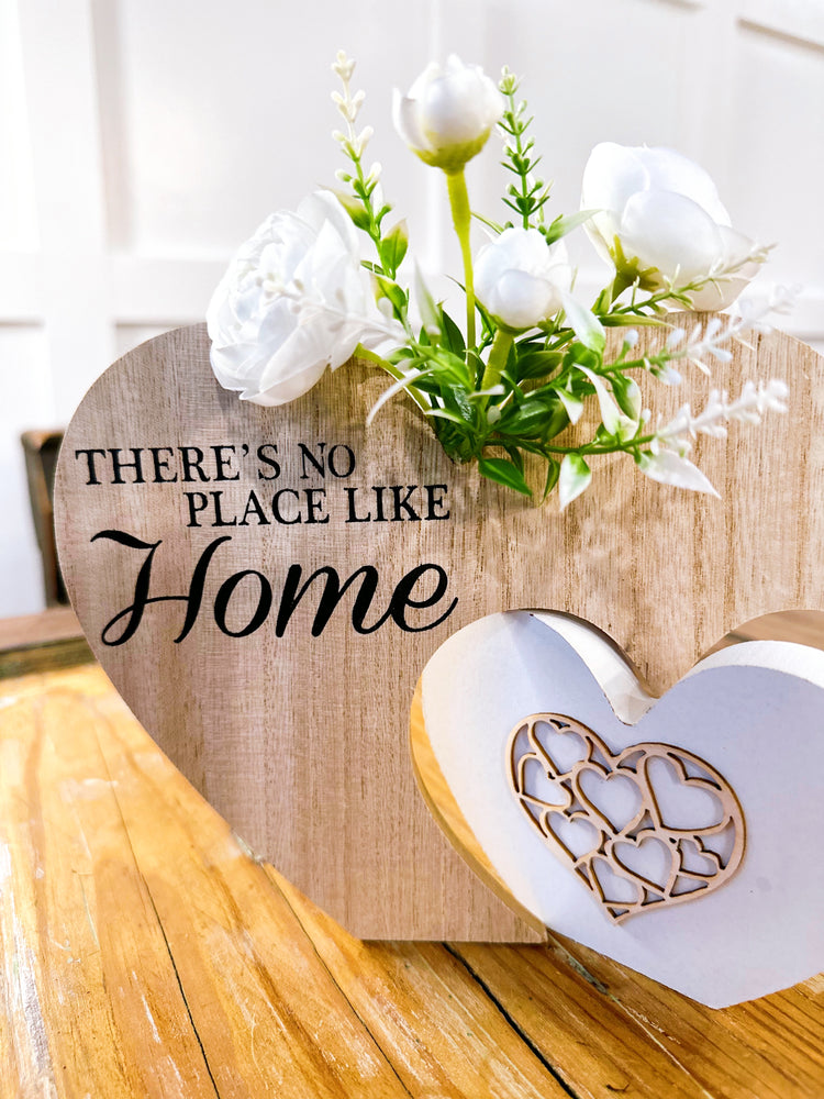 Rustic "There's No Place Like Home" Tabletop Sign with White Spring Flowers