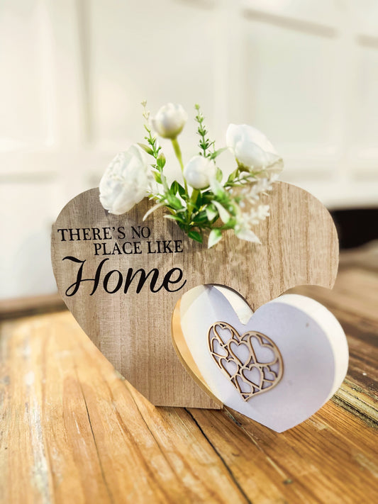 Rustic "There's No Place Like Home" Tabletop Sign with White Spring Flowers