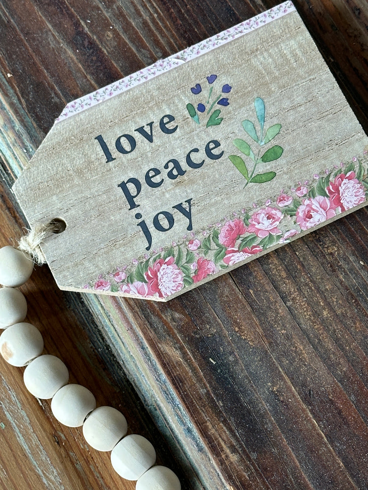 "Love Peace Joy" Botanical Wooden Tag with Beaded String