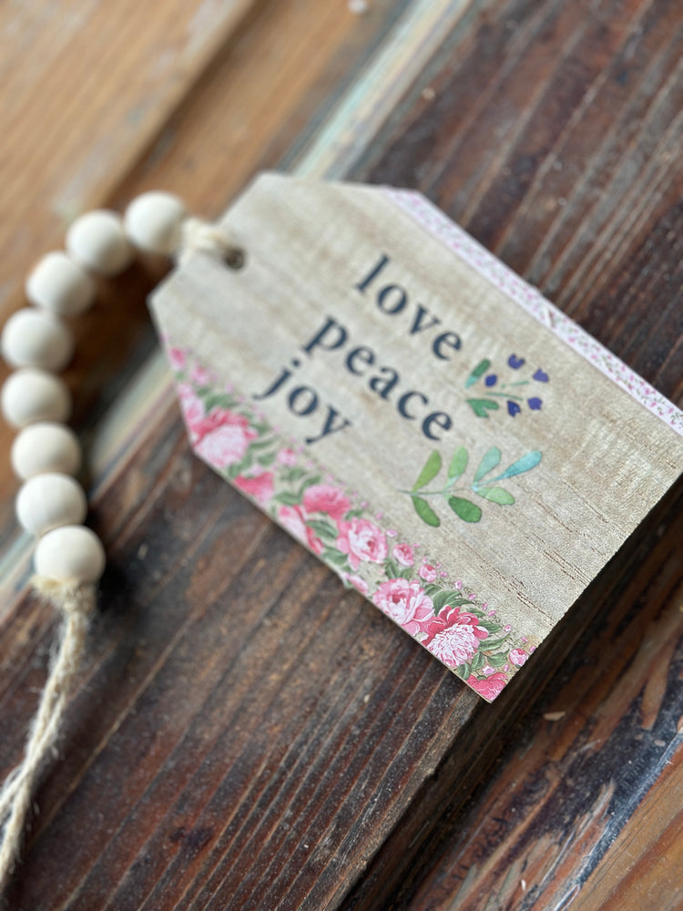 "Love Peace Joy" Botanical Wooden Tag with Beaded String