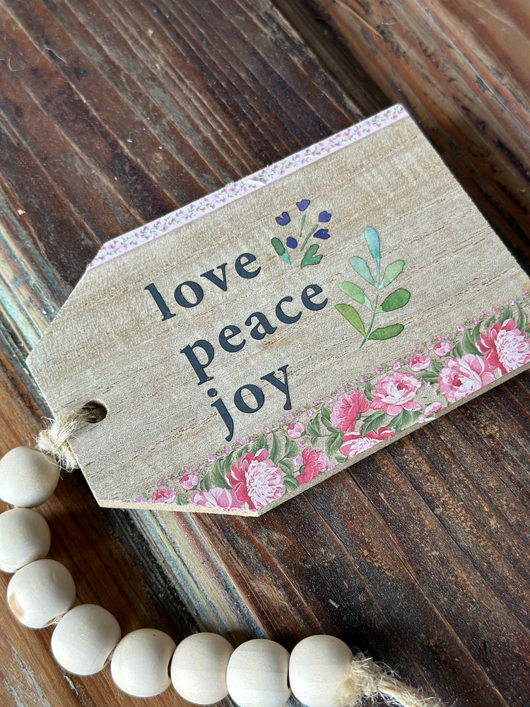 "Love Peace Joy" Botanical Wooden Tag with Beaded String