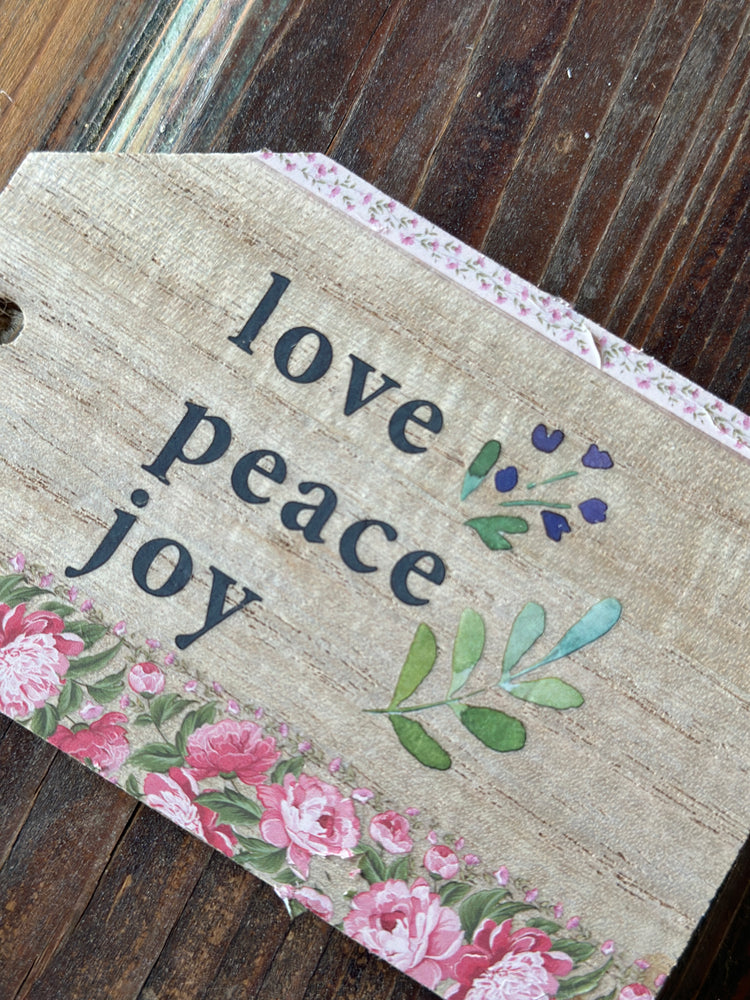 "Love Peace Joy" Botanical Wooden Tag with Beaded String