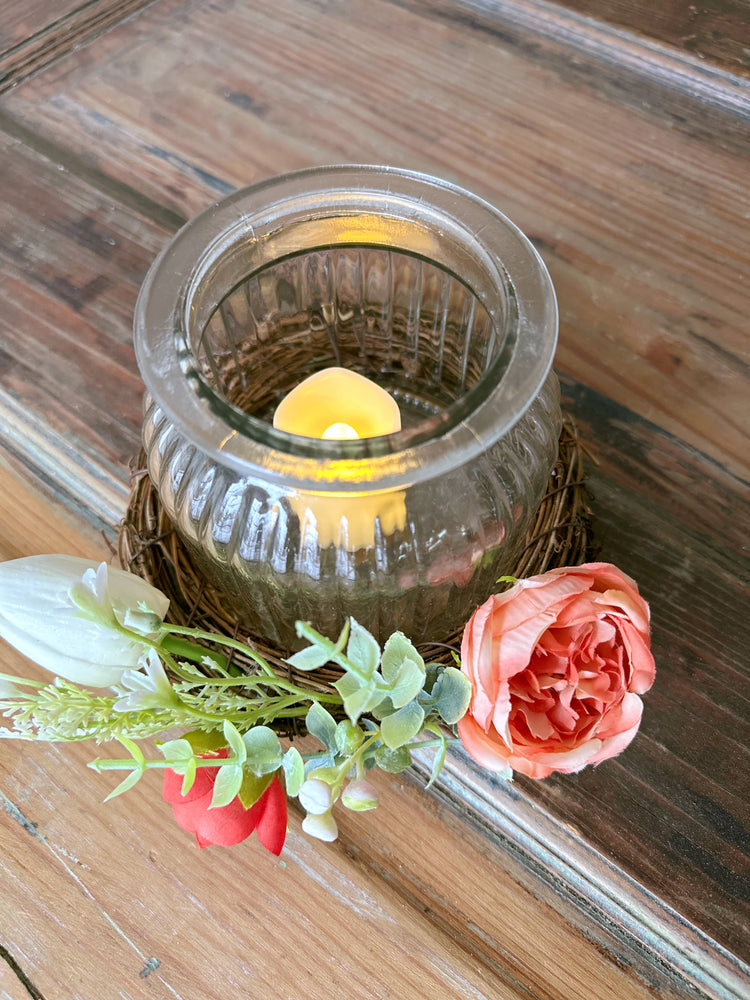 LED Candle Holder with Peach Peonies and White Tulip