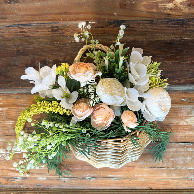 Hanging Wicker Basket with Peach Flowers for Fall Front Door Decor