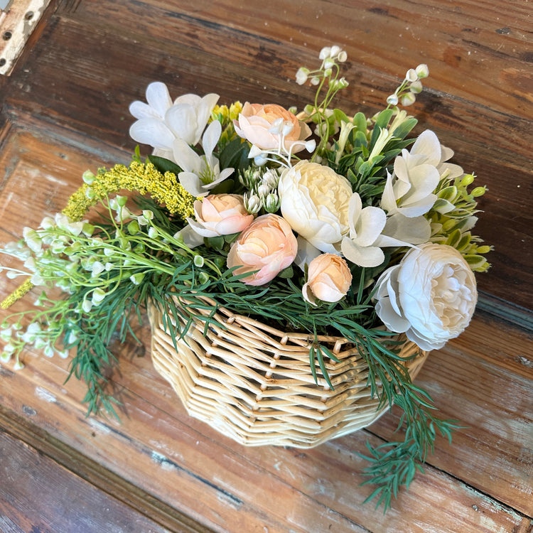 Hanging Wicker Basket with Peach Flowers for Fall Front Door Decor