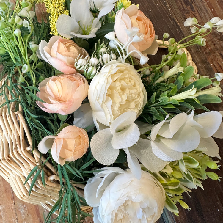 Hanging Wicker Basket with Peach Flowers for Fall Front Door Decor