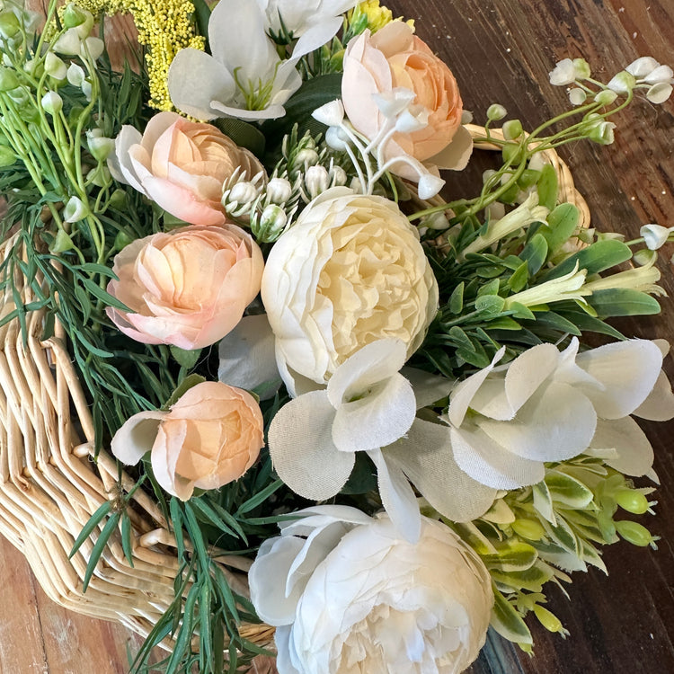 Hanging Wicker Basket with Peach Flowers for Fall Front Door Decor