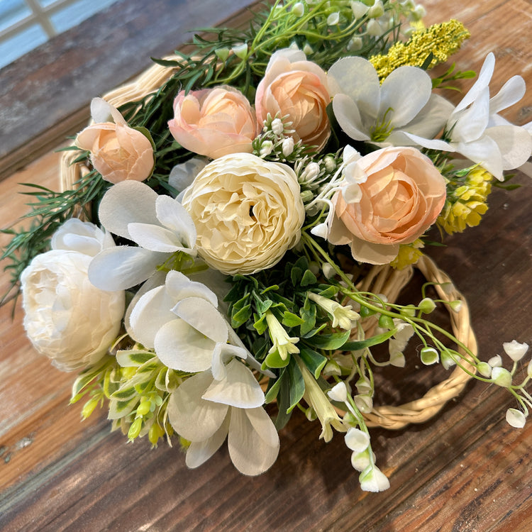 Hanging Wicker Basket with Peach Flowers for Fall Front Door Decor