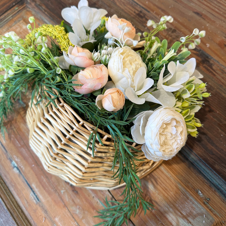 Hanging Wicker Basket with Peach Flowers for Fall Front Door Decor