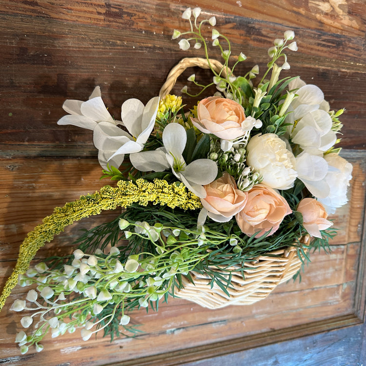 Hanging Wicker Basket with Peach Flowers for Fall Front Door Decor