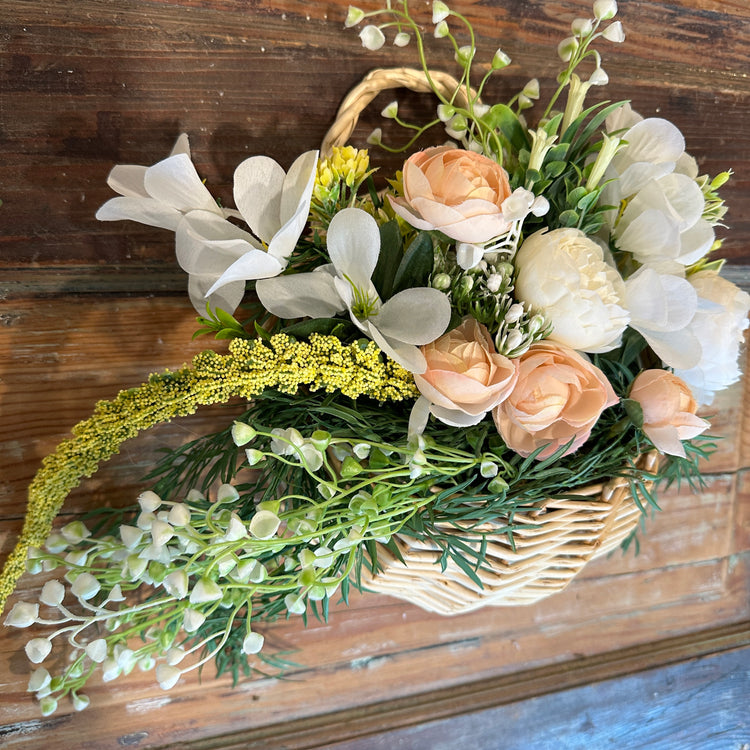 Hanging Wicker Basket with Peach Flowers for Fall Front Door Decor