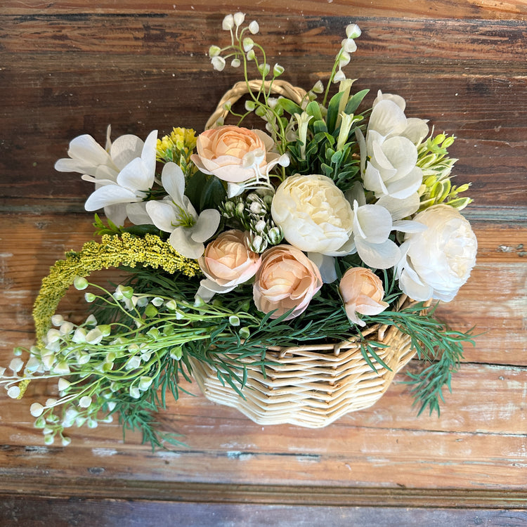 Hanging Wicker Basket with Peach Flowers for Fall Front Door Decor